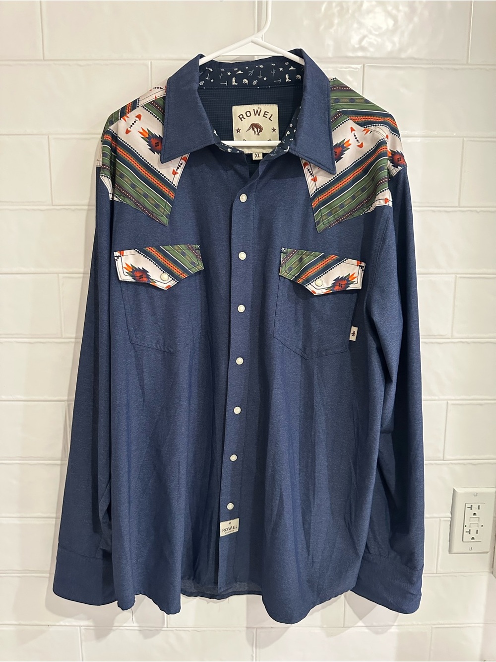 Rowel Western Shirt Mens Pearl Snap Blue Aztec Long Sleeve Performance XL